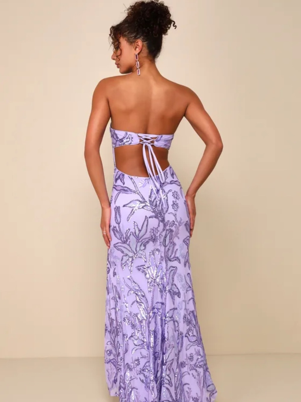 Lulus Shimmering Icon Lavender Sequin Lace-Up Strapless Maxi Dress - Picture 2 of 8